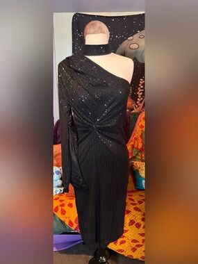 Black One-Shoulder Sequin Cocktail Dress with Choker